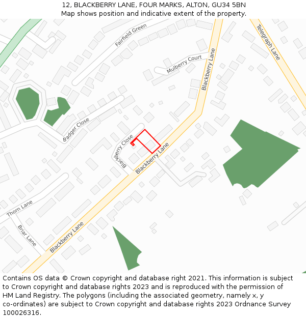 12, BLACKBERRY LANE, FOUR MARKS, ALTON, GU34 5BN: Location map and indicative extent of plot