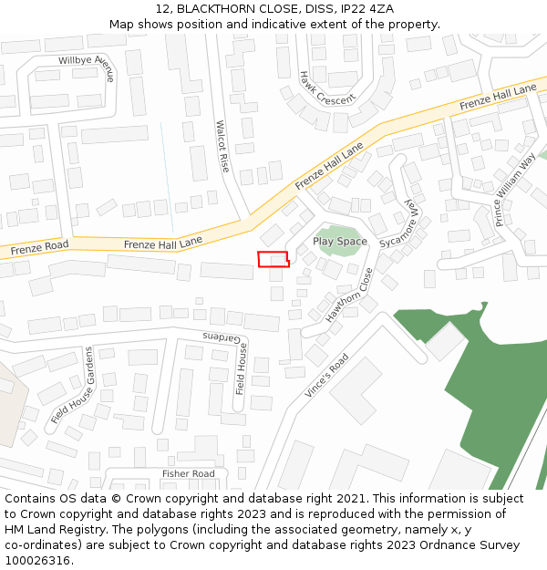 12, BLACKTHORN CLOSE, DISS, IP22 4ZA: Location map and indicative extent of plot