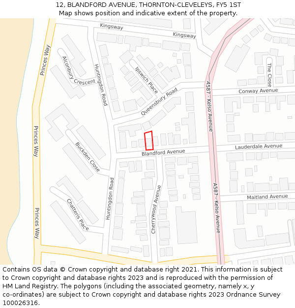 12, BLANDFORD AVENUE, THORNTON-CLEVELEYS, FY5 1ST: Location map and indicative extent of plot