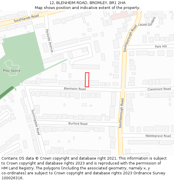 12, BLENHEIM ROAD, BROMLEY, BR1 2HA: Location map and indicative extent of plot