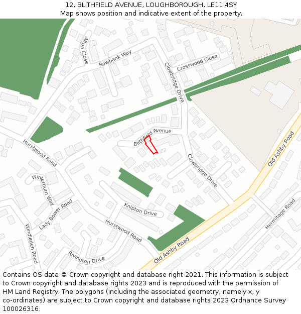 12, BLITHFIELD AVENUE, LOUGHBOROUGH, LE11 4SY: Location map and indicative extent of plot