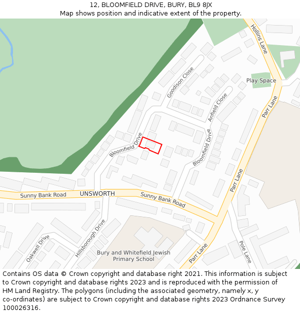 12, BLOOMFIELD DRIVE, BURY, BL9 8JX: Location map and indicative extent of plot