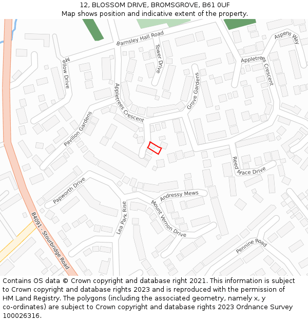 12, BLOSSOM DRIVE, BROMSGROVE, B61 0UF: Location map and indicative extent of plot