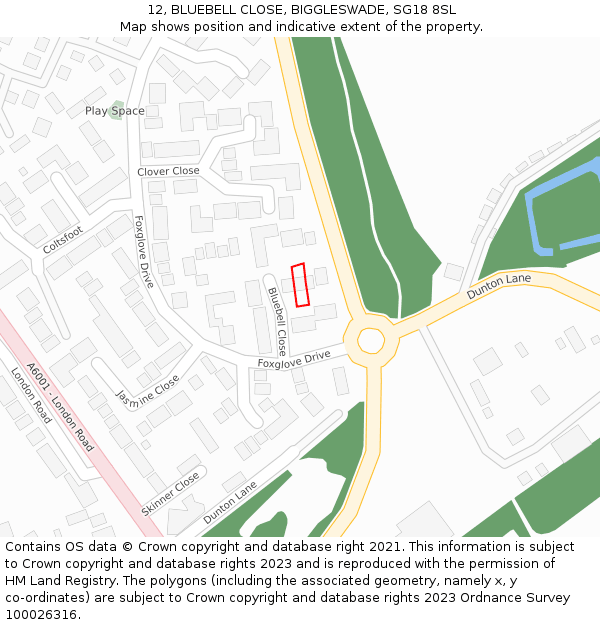 12, BLUEBELL CLOSE, BIGGLESWADE, SG18 8SL: Location map and indicative extent of plot