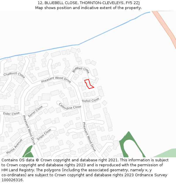 12, BLUEBELL CLOSE, THORNTON-CLEVELEYS, FY5 2ZJ: Location map and indicative extent of plot