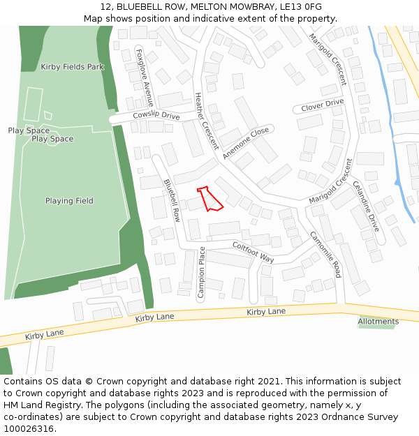 12, BLUEBELL ROW, MELTON MOWBRAY, LE13 0FG: Location map and indicative extent of plot