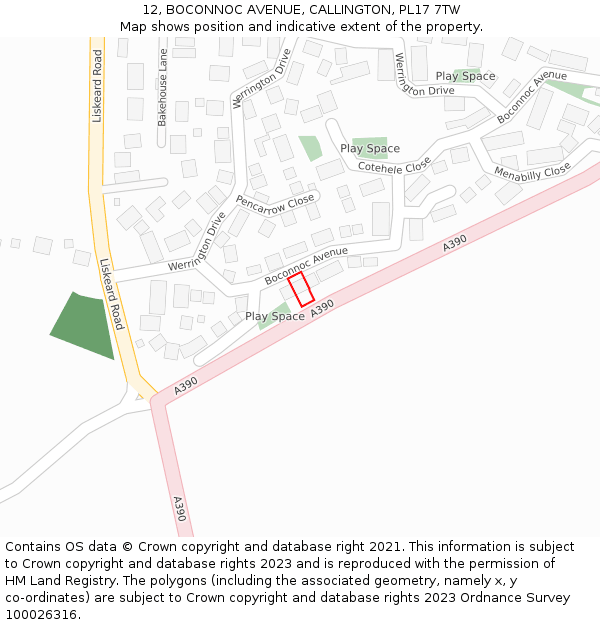 12, BOCONNOC AVENUE, CALLINGTON, PL17 7TW: Location map and indicative extent of plot
