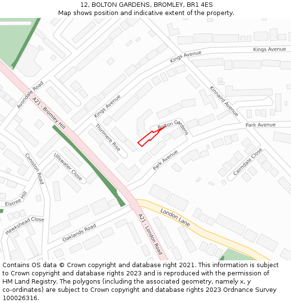 12, BOLTON GARDENS, BROMLEY, BR1 4ES: Location map and indicative extent of plot