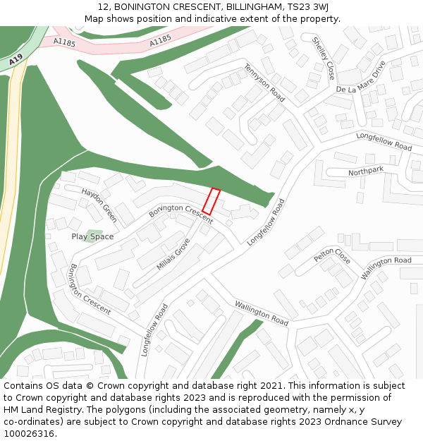 12, BONINGTON CRESCENT, BILLINGHAM, TS23 3WJ: Location map and indicative extent of plot