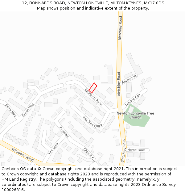 12, BONNARDS ROAD, NEWTON LONGVILLE, MILTON KEYNES, MK17 0DS: Location map and indicative extent of plot