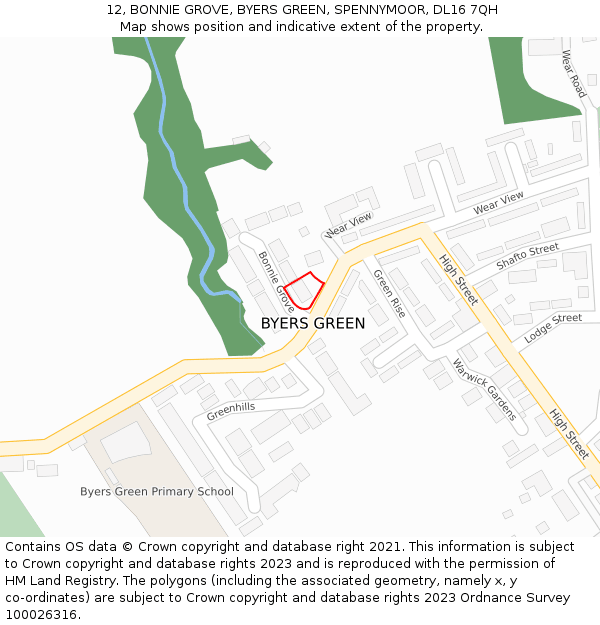 12, BONNIE GROVE, BYERS GREEN, SPENNYMOOR, DL16 7QH: Location map and indicative extent of plot