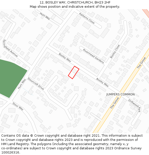 12, BOSLEY WAY, CHRISTCHURCH, BH23 2HF: Location map and indicative extent of plot