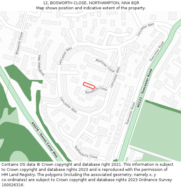 12, BOSWORTH CLOSE, NORTHAMPTON, NN4 8QR: Location map and indicative extent of plot