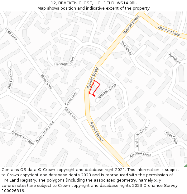12, BRACKEN CLOSE, LICHFIELD, WS14 9RU: Location map and indicative extent of plot