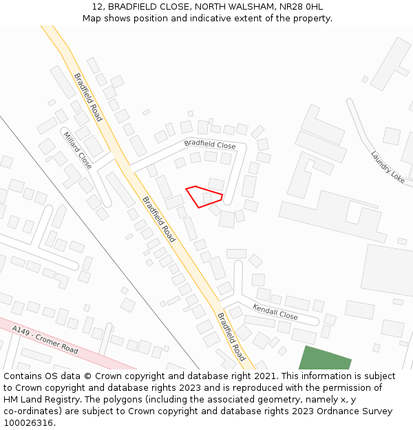 12, BRADFIELD CLOSE, NORTH WALSHAM, NR28 0HL: Location map and indicative extent of plot