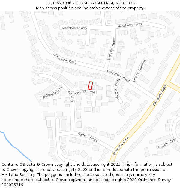 12, BRADFORD CLOSE, GRANTHAM, NG31 8RU: Location map and indicative extent of plot