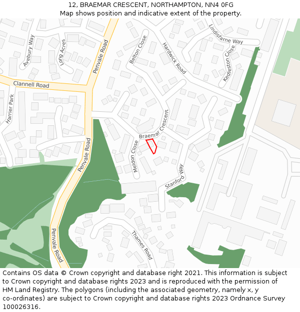 12, BRAEMAR CRESCENT, NORTHAMPTON, NN4 0FG: Location map and indicative extent of plot