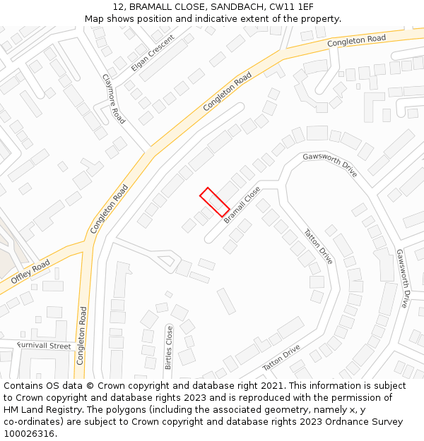 12, BRAMALL CLOSE, SANDBACH, CW11 1EF: Location map and indicative extent of plot