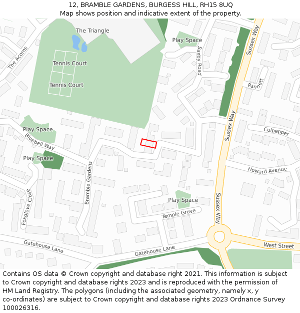 12, BRAMBLE GARDENS, BURGESS HILL, RH15 8UQ: Location map and indicative extent of plot