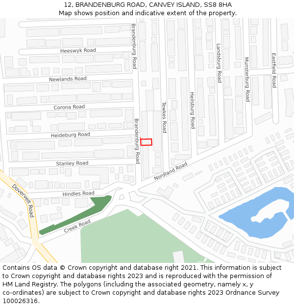 12, BRANDENBURG ROAD, CANVEY ISLAND, SS8 8HA: Location map and indicative extent of plot