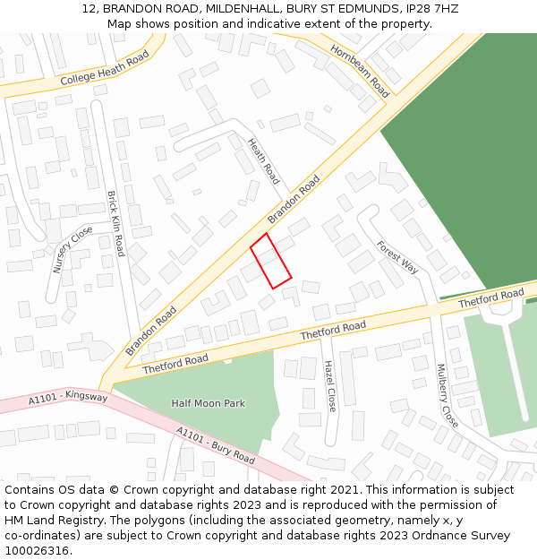 12, BRANDON ROAD, MILDENHALL, BURY ST EDMUNDS, IP28 7HZ: Location map and indicative extent of plot