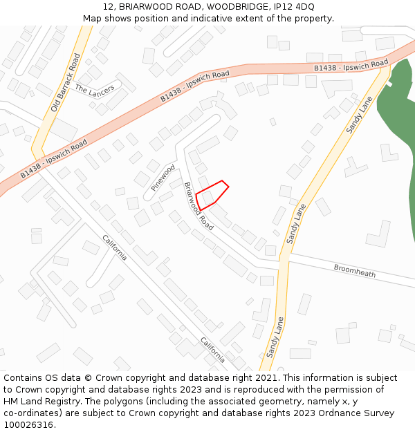 12, BRIARWOOD ROAD, WOODBRIDGE, IP12 4DQ: Location map and indicative extent of plot