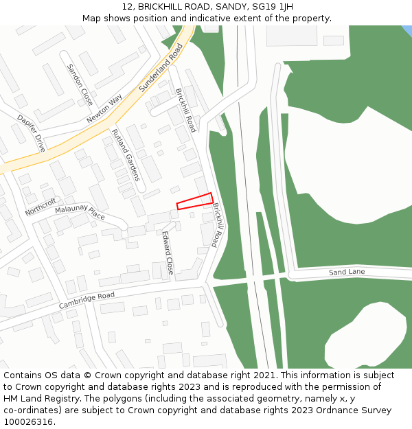 12, BRICKHILL ROAD, SANDY, SG19 1JH: Location map and indicative extent of plot