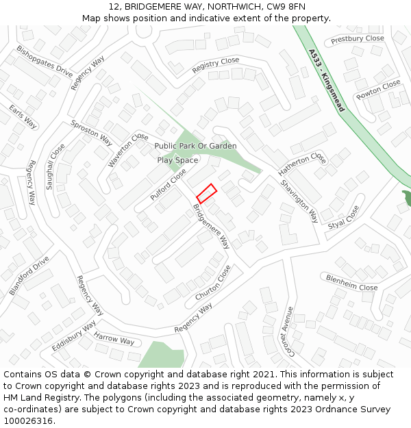 12, BRIDGEMERE WAY, NORTHWICH, CW9 8FN: Location map and indicative extent of plot