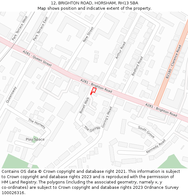 12, BRIGHTON ROAD, HORSHAM, RH13 5BA: Location map and indicative extent of plot