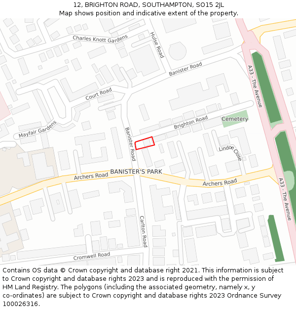 12, BRIGHTON ROAD, SOUTHAMPTON, SO15 2JL: Location map and indicative extent of plot