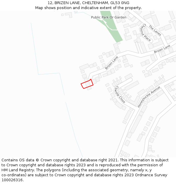 12, BRIZEN LANE, CHELTENHAM, GL53 0NG: Location map and indicative extent of plot
