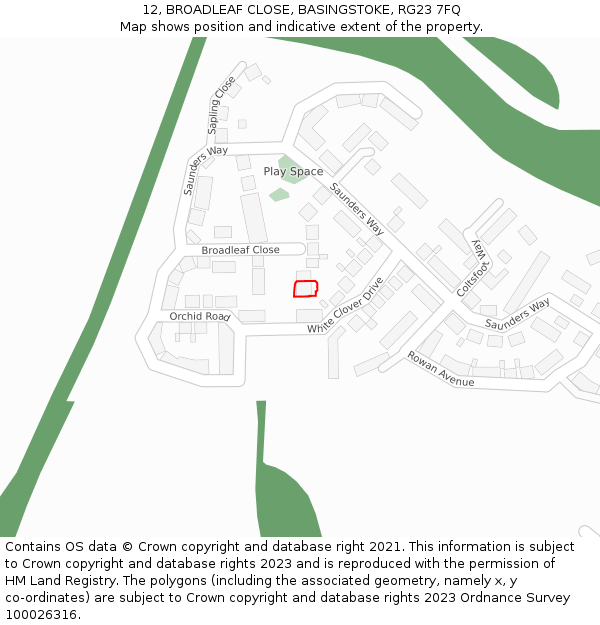 12, BROADLEAF CLOSE, BASINGSTOKE, RG23 7FQ: Location map and indicative extent of plot