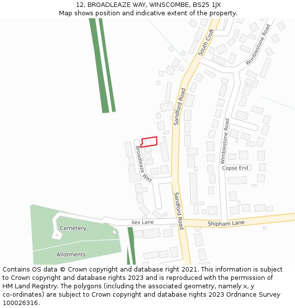 12, BROADLEAZE WAY, WINSCOMBE, BS25 1JX: Location map and indicative extent of plot