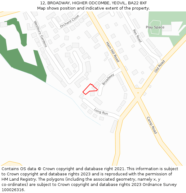 12, BROADWAY, HIGHER ODCOMBE, YEOVIL, BA22 8XF: Location map and indicative extent of plot