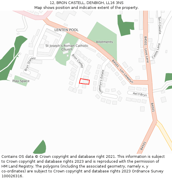 12, BRON CASTELL, DENBIGH, LL16 3NS: Location map and indicative extent of plot