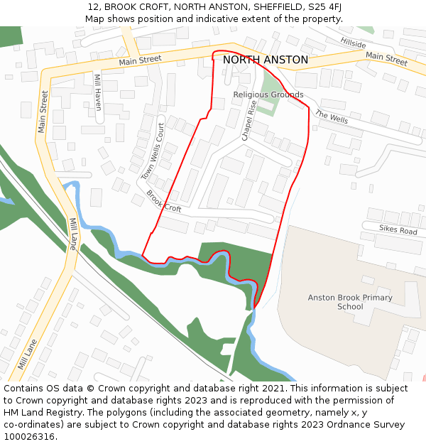 12, BROOK CROFT, NORTH ANSTON, SHEFFIELD, S25 4FJ: Location map and indicative extent of plot