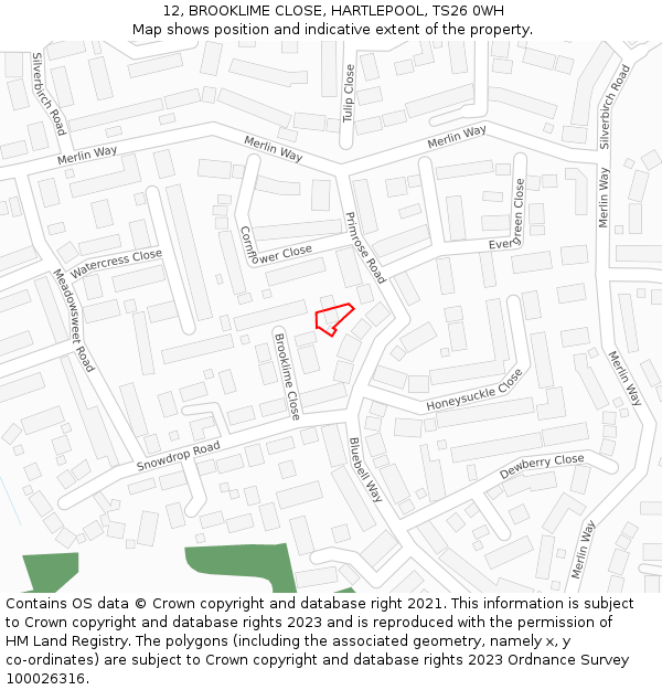 12, BROOKLIME CLOSE, HARTLEPOOL, TS26 0WH: Location map and indicative extent of plot