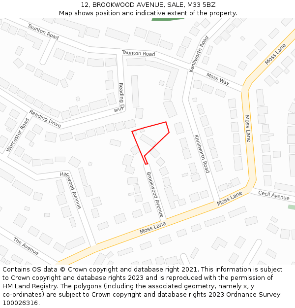 12, BROOKWOOD AVENUE, SALE, M33 5BZ: Location map and indicative extent of plot