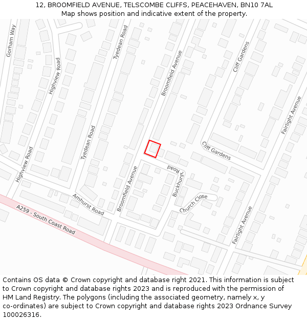 12, BROOMFIELD AVENUE, TELSCOMBE CLIFFS, PEACEHAVEN, BN10 7AL: Location map and indicative extent of plot