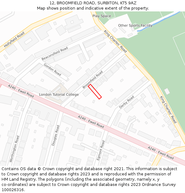 12, BROOMFIELD ROAD, SURBITON, KT5 9AZ: Location map and indicative extent of plot