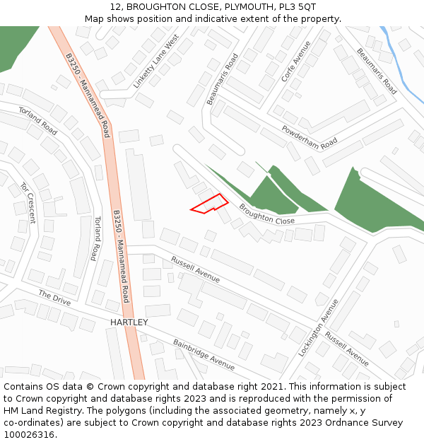 12, BROUGHTON CLOSE, PLYMOUTH, PL3 5QT: Location map and indicative extent of plot