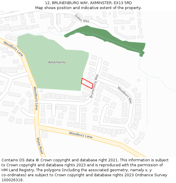 12, BRUNENBURG WAY, AXMINSTER, EX13 5RD: Location map and indicative extent of plot