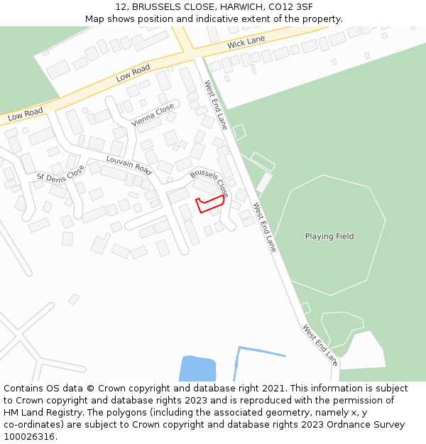 12, BRUSSELS CLOSE, HARWICH, CO12 3SF: Location map and indicative extent of plot