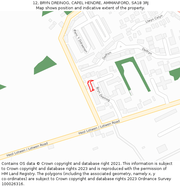 12, BRYN DREINOG, CAPEL HENDRE, AMMANFORD, SA18 3RJ: Location map and indicative extent of plot
