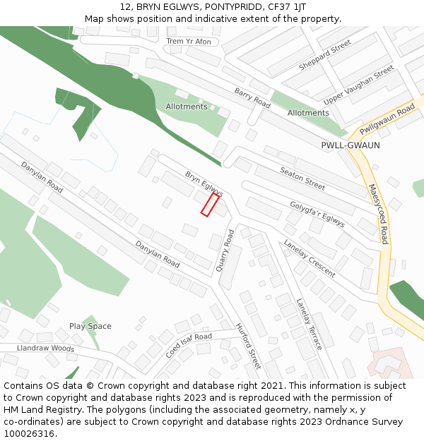 12, BRYN EGLWYS, PONTYPRIDD, CF37 1JT: Location map and indicative extent of plot