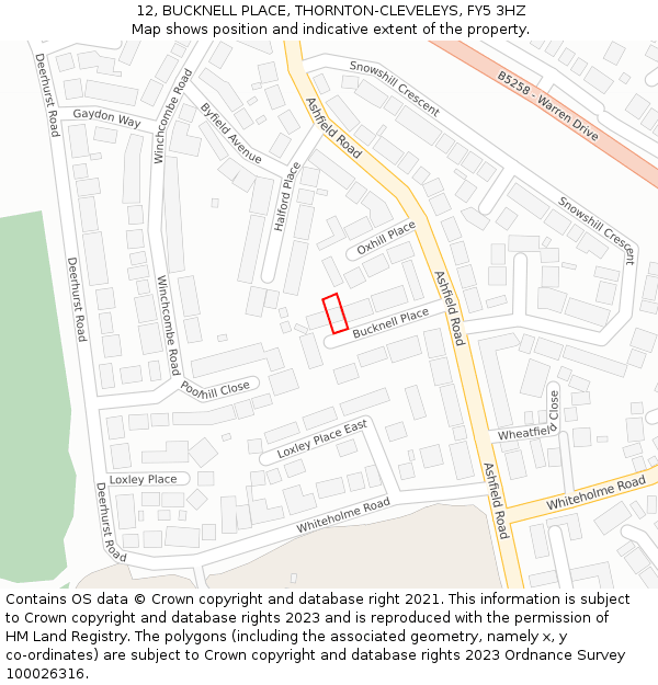 12, BUCKNELL PLACE, THORNTON-CLEVELEYS, FY5 3HZ: Location map and indicative extent of plot