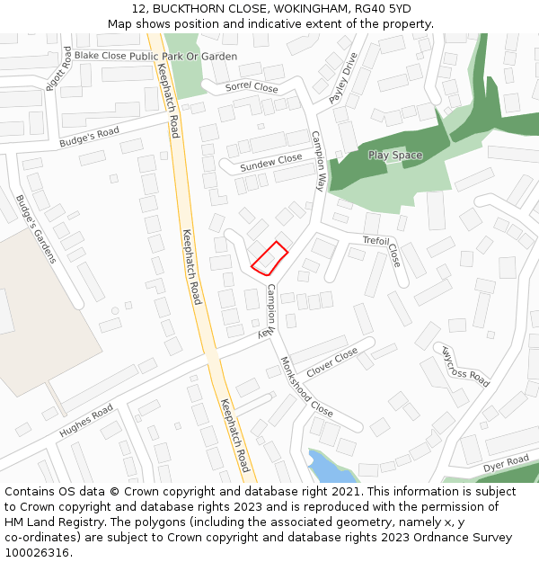 12, BUCKTHORN CLOSE, WOKINGHAM, RG40 5YD: Location map and indicative extent of plot