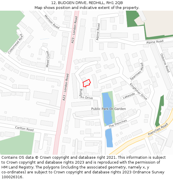 12, BUDGEN DRIVE, REDHILL, RH1 2QB: Location map and indicative extent of plot