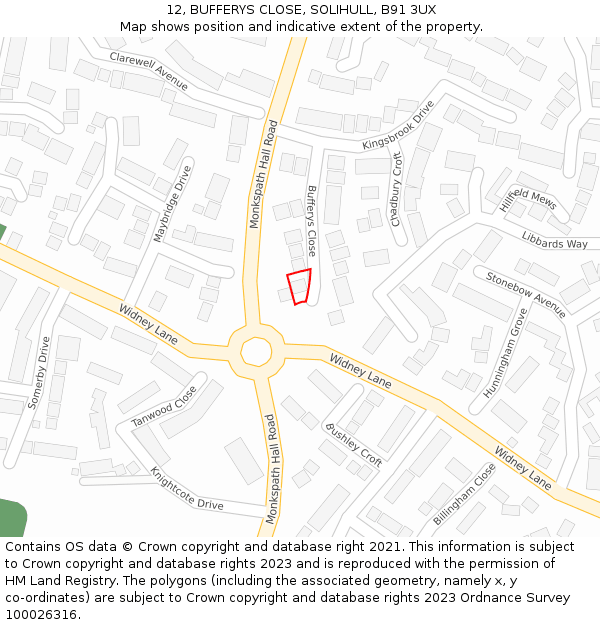 12, BUFFERYS CLOSE, SOLIHULL, B91 3UX: Location map and indicative extent of plot