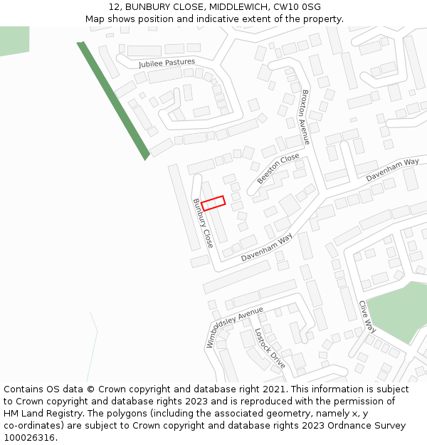 12, BUNBURY CLOSE, MIDDLEWICH, CW10 0SG: Location map and indicative extent of plot